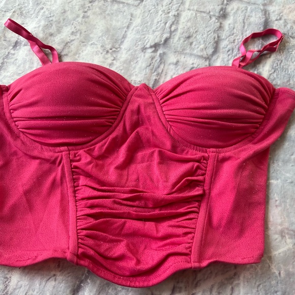 Large Glitter Pink Tank Top Sexy Juniors Padded Corset Fuchsia Womens Club wear - Picture 9 of 9
